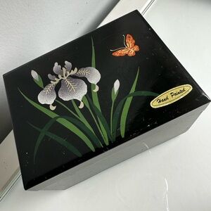 Vintage Black Hand-Painted Musical Floral Jewelry Box with Butterfly